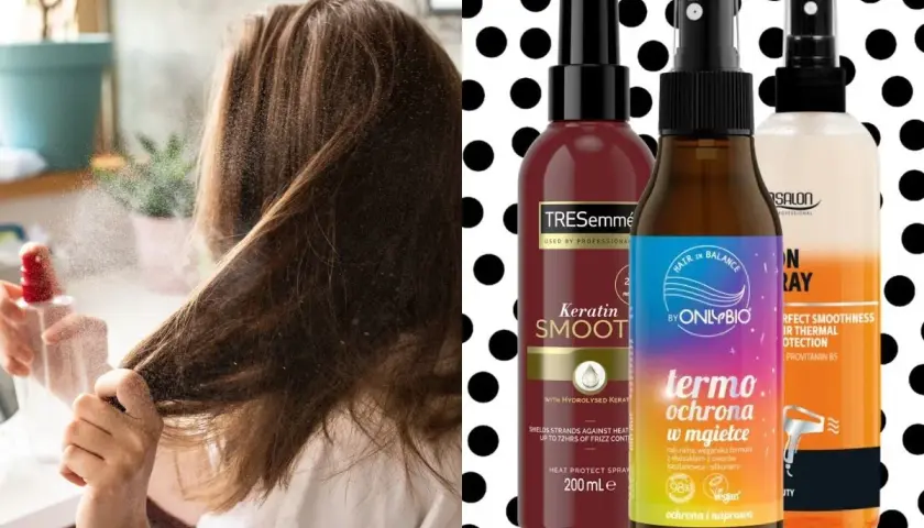 Kobieta aplikuje spray termoochronny na włosy. Obok trzy produkty do stylizacji, w tym ranking najlepszych sprayów termoochronnych.