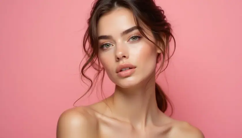Portret młodej kobiety z delikatnym makijażem, emanującej naturalnym pięknem. Jej skóra jest nieskazitelna, a spojrzenie pełne blasku. Stylizacja "clean girl" podkreśla jej subtelność.