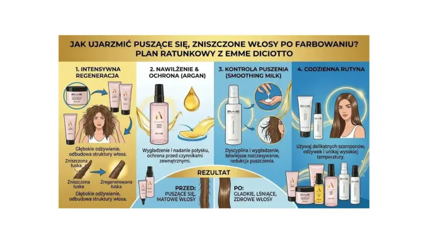 Plan ratunkowy dla zniszczonych włosów po farbowaniu: regeneracja, nawilżenie, kontrola puszenia i codzienna rutyna. Efekt: gładkie, lśniące włosy.
