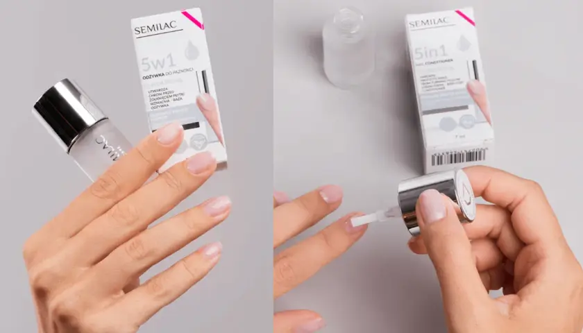 Dłoń aplikuje odżywkę do paznokci Semilac 5w1 Crystal Strong. Dbałość o onynail dla pięknych i mocnych paznokci.