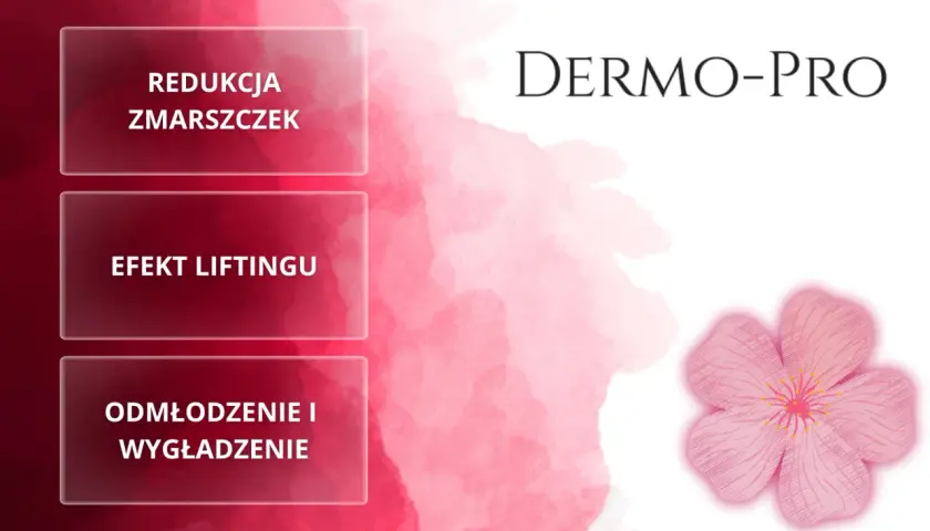 Dermo-Pro krem z Rossmann: redukcja zmarszczek, efekt liftingu, odmłodzenie i wygładzenie. Różowy kwiat symbolizuje piękno.