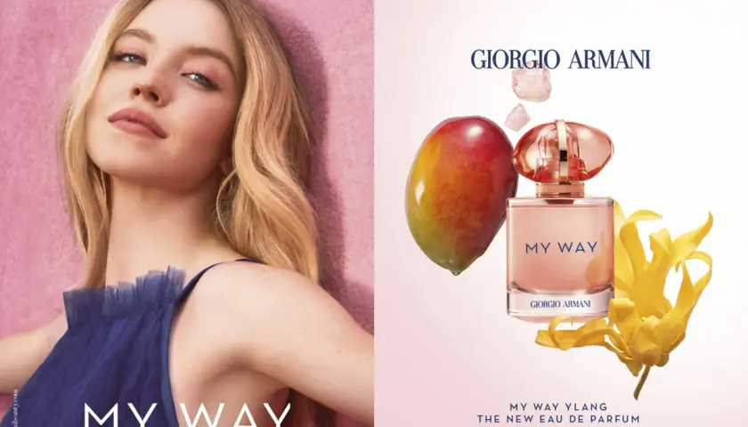 Sydney Sweeney w kampanii Giorgio Armani My Way. Flakon perfum z mango i kwiatem ylang-ylang.