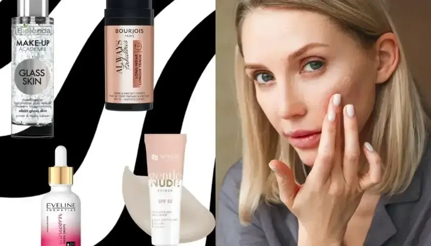 Kobieta aplikuje na twarz праймер. Obok kosmetyki: Bielenda, Bourjois, Eveline, Wings.