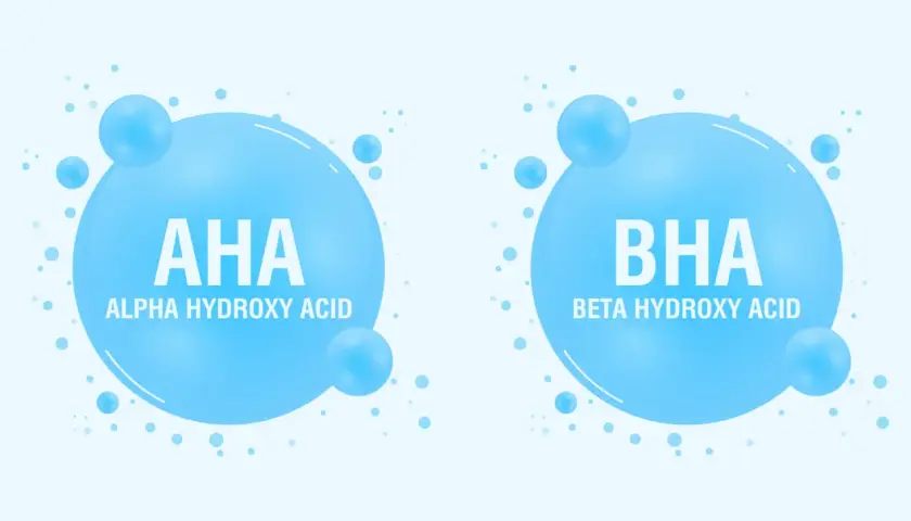 Dwa bąbelki z napisem AHA (Alpha Hydroxy Acid) i BHA (Beta Hydroxy Acid). Kwasy AHA jakie to? To składniki kosmetyków.
