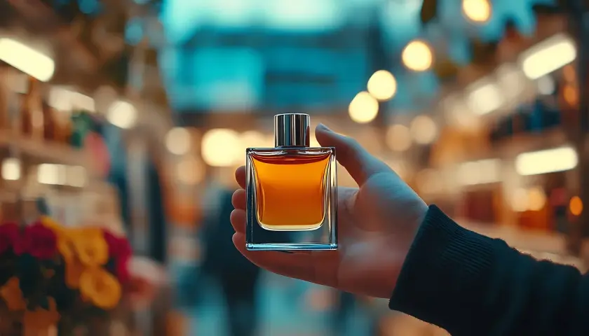 Elegancka buteleczka perfum z bursztynowym płynem, emanująca bogactwem paczula zapach.