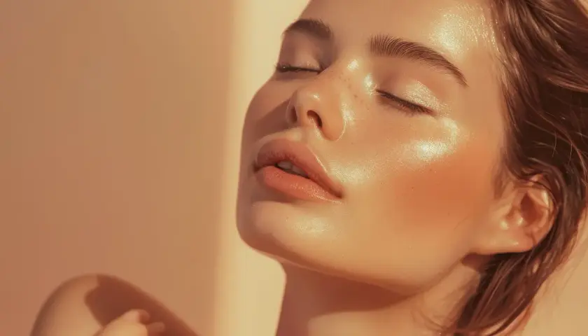 Delikatna twarz z piegami i lśniącą, dewy skin w ciepłym świetle.