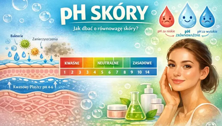 Ilustracja pokazuje warstwy skóry, skalę pH i zdrową cerę. Dbanie o równowagę skóry jest kluczowe.
