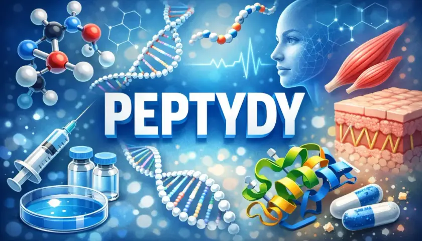 Molekularne struktury, DNA, ludzka twarz i tkanki – wszystko to symbolizuje wszechstronne zastosowanie polipeptydów w nauce i medycynie.