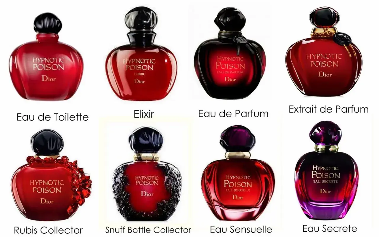 Kolekcja flakonów Hypnotic Poison Dior: Eau de Toilette, Elixir, Eau de Parfum, Extrait de Parfum, Rubis Collector, Snuff Bottle Collector, Eau Sensuelle, Eau Secrete.