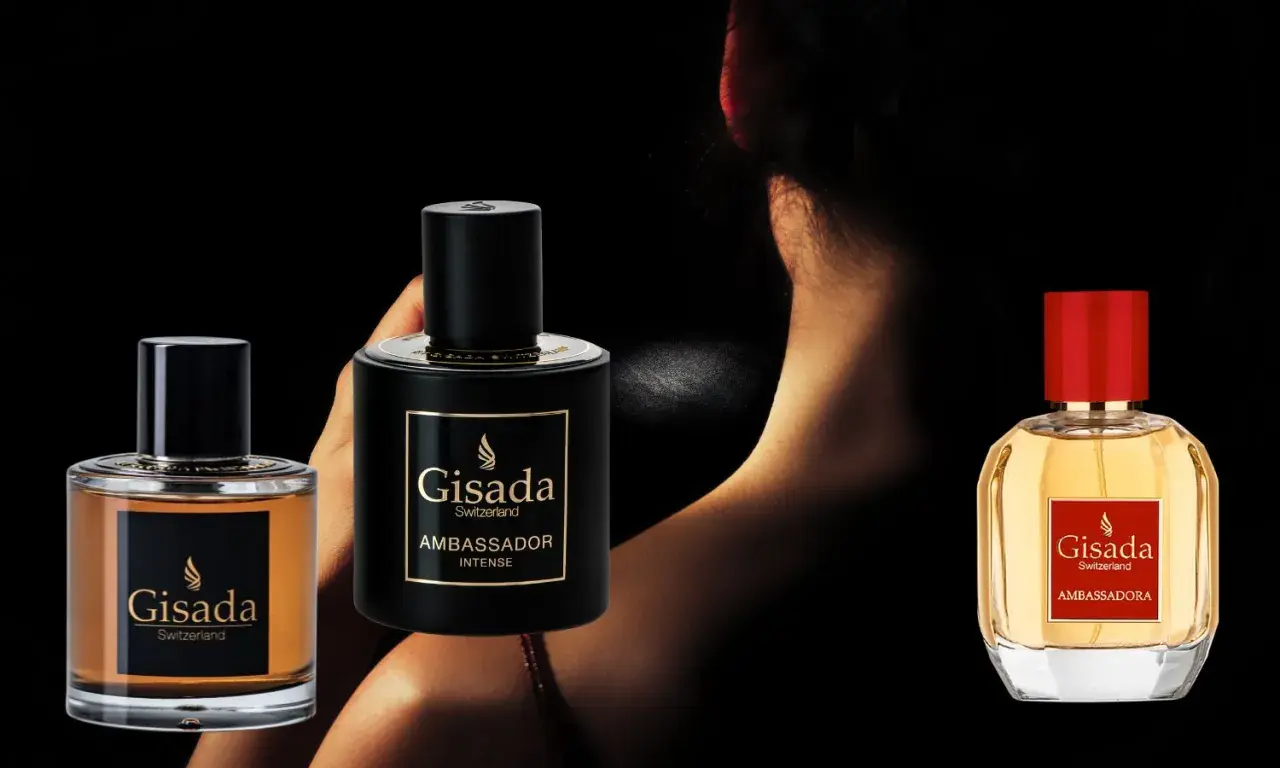 Trzy flakony perfum Gisada Switzerland: Ambassador Intense, Ambassador i Ambassador.