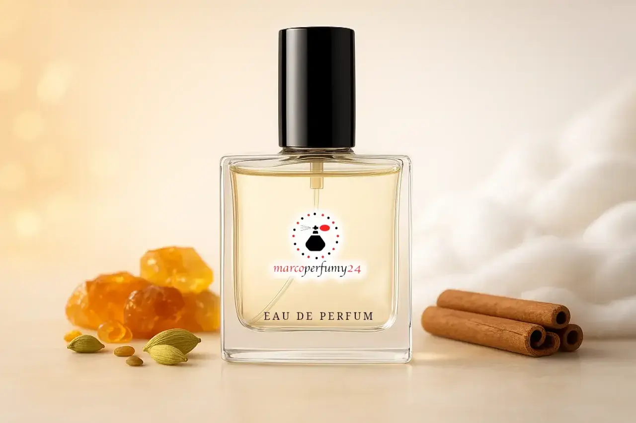 Elegancka butelka perfum z nutami piżma, cynamonu i kardamonu. Otoczona bursztynowymi kryształkami i puszystą watą.
