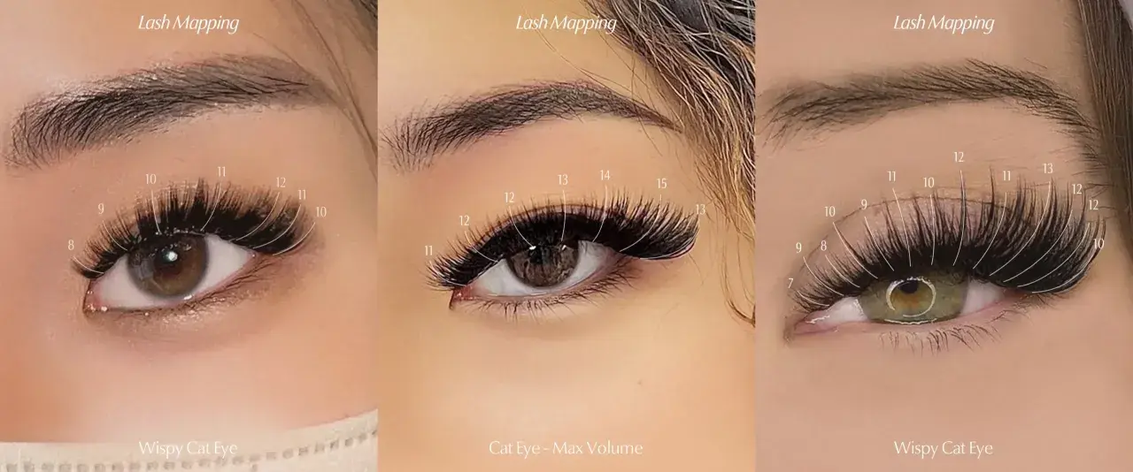 Trzy zbliżenia na oko z doczepianymi rzęsami. Widoczne różne techniki: Wispy Cat Eye, Cat Eye - Max Volume. Rzęsy kocie oko tworzą efektowny wachlarz.