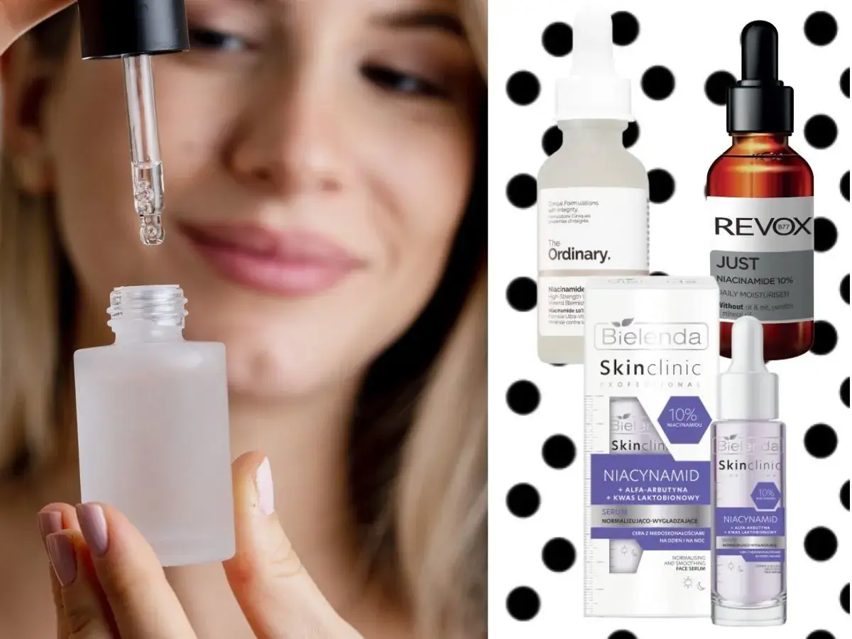 Kobieta aplikuje serum z niacynamidem 5%. Na drugim planie kosmetyki z niacynamidem 10%.