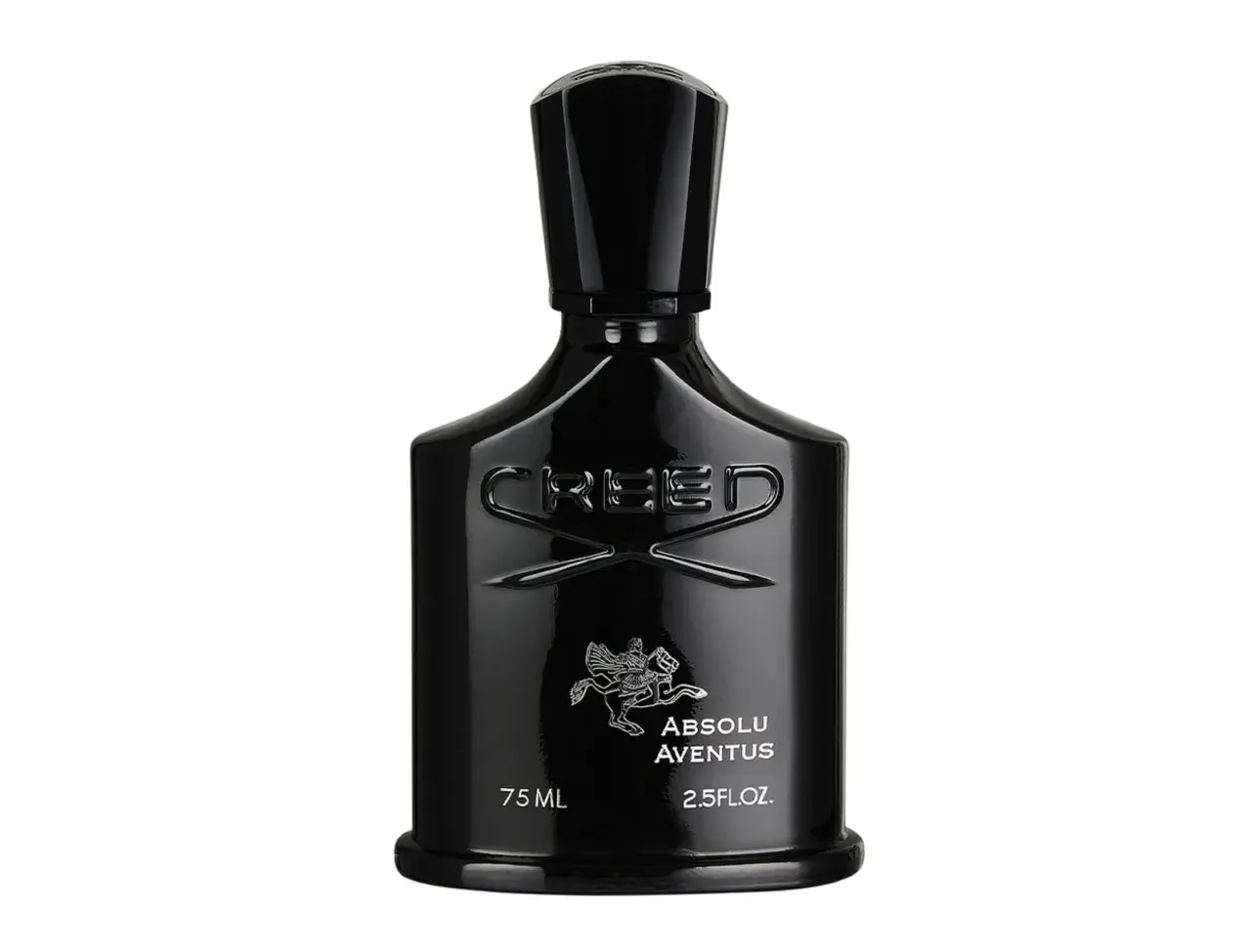 Czarna, lśniąca butelka perfum Creed Absolu Aventus z wytłoczonym logo i jeźdźcem.