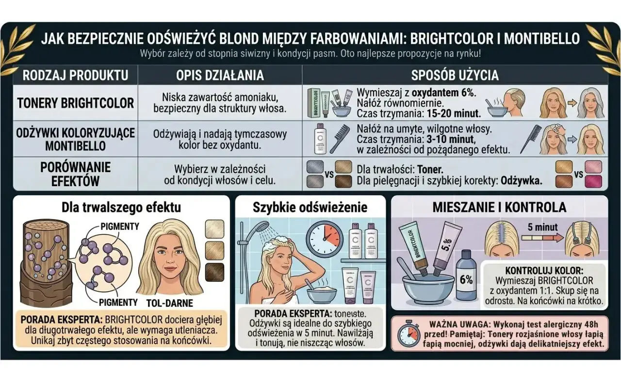 Tonery Brightcolor są bezpieczne dla struktury włosów, nie niszczą ich. Odżywki Montibello odświeżają kolor.