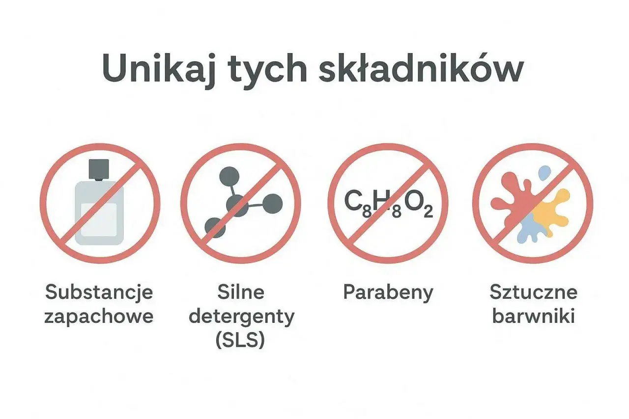Unikaj substancji zapachowych, silnych detergentów (SLS), parabenów i sztucznych barwników dla produktów hipoalergicznych.