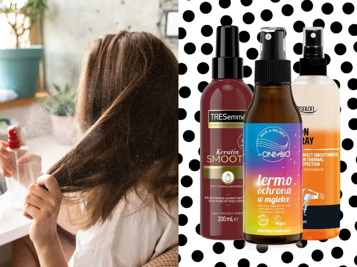 Kobieta aplikuje spray termoochronny na włosy. Obok trzy produkty do stylizacji, w tym ranking najlepszych sprayów termoochronnych.