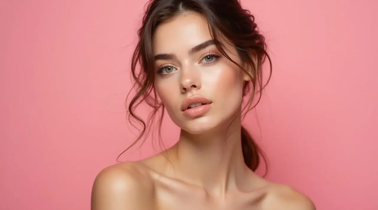 Portret młodej kobiety z delikatnym makijażem, emanującej naturalnym pięknem. Jej skóra jest nieskazitelna, a spojrzenie pełne blasku. Stylizacja "clean girl" podkreśla jej subtelność.