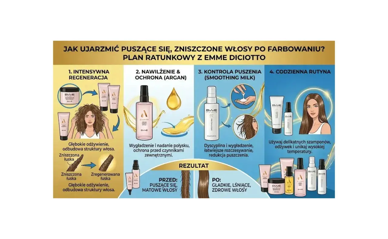 Plan ratunkowy dla zniszczonych włosów po farbowaniu: regeneracja, nawilżenie, kontrola puszenia i codzienna rutyna. Efekt: gładkie, lśniące włosy.
