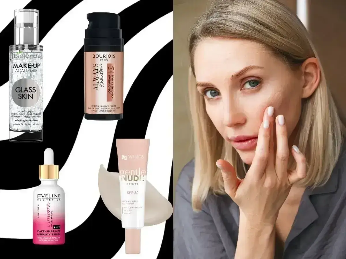 Kobieta aplikuje na twarz праймер. Obok kosmetyki: Bielenda, Bourjois, Eveline, Wings.