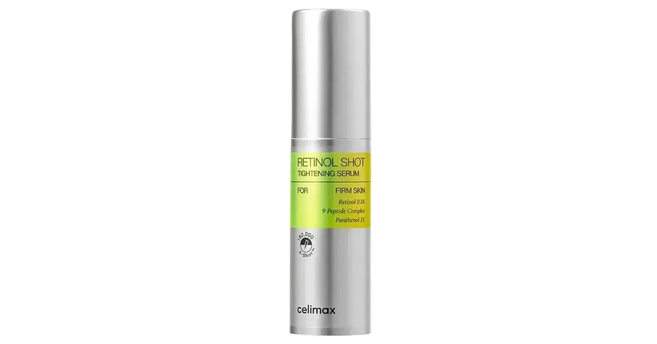 Srebrna buteleczka z serum celimax retinal shot. Zapewnia jędrną skórę dzięki retinolu i peptydom.