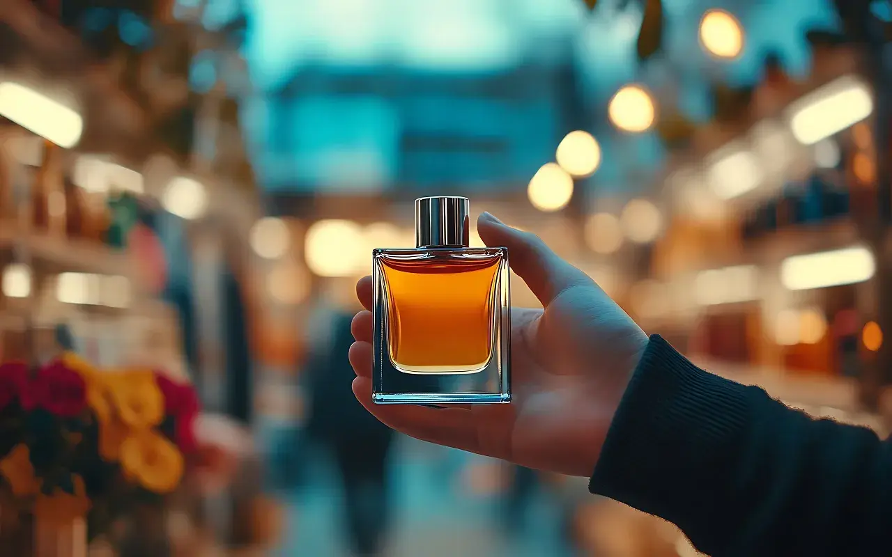 Elegancka buteleczka perfum z bursztynowym płynem, emanująca bogactwem paczula zapach.
