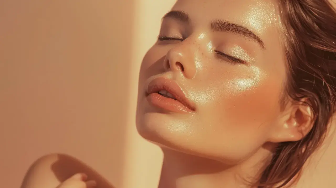 Delikatna twarz z piegami i lśniącą, dewy skin w ciepłym świetle.