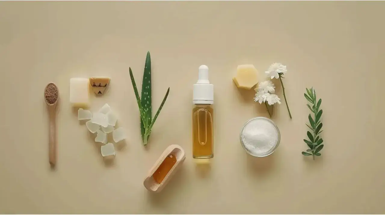 Naturalne składniki do pielęgnacji: aloes, miód, zioła, sól i alantoina w buteleczce z pipetą.