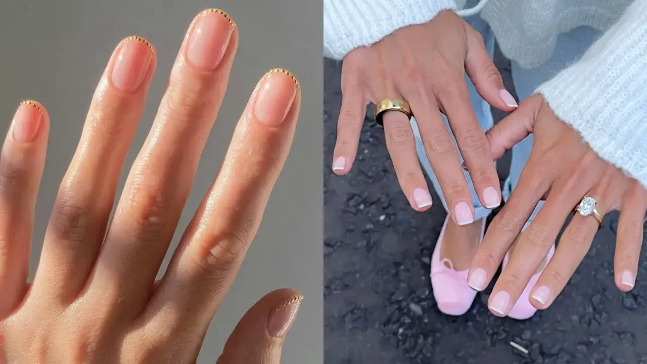 Delikatny manicure naturalny z subtelnym złotym zdobieniem na końcach paznokci. Klasyczny french na drugim zdjęciu.