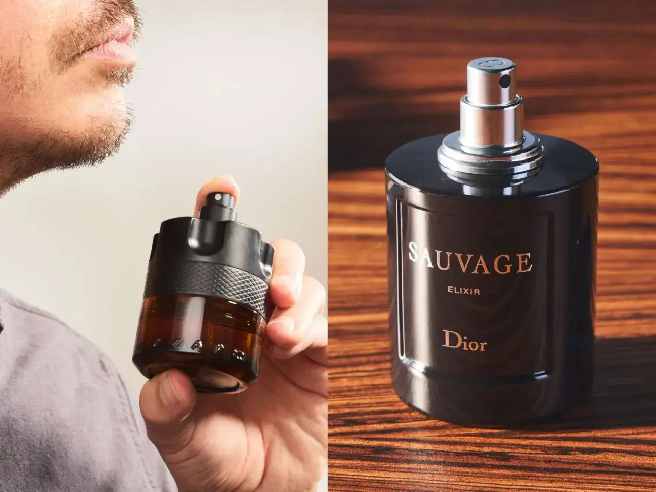 Mężczyzna testuje zapach, szukając najbardziej trwałych perfum męskich. Obok flakon Dior Sauvage Elixir.