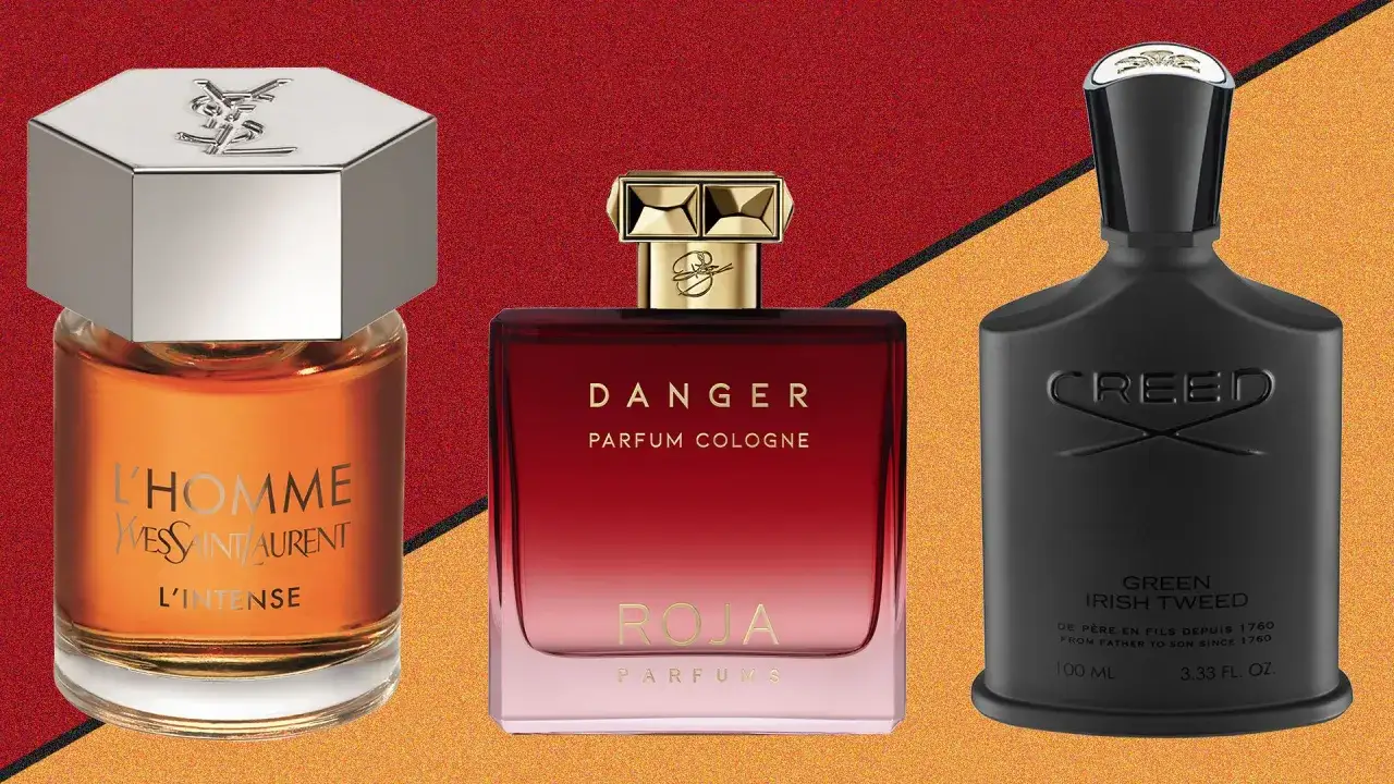 Trzy flakony perfum: L'Homme Yves Saint Laurent, Roja Danger i Creed Green Irish Tweed. Czy wiesz, co to jest ambra w perfumach?