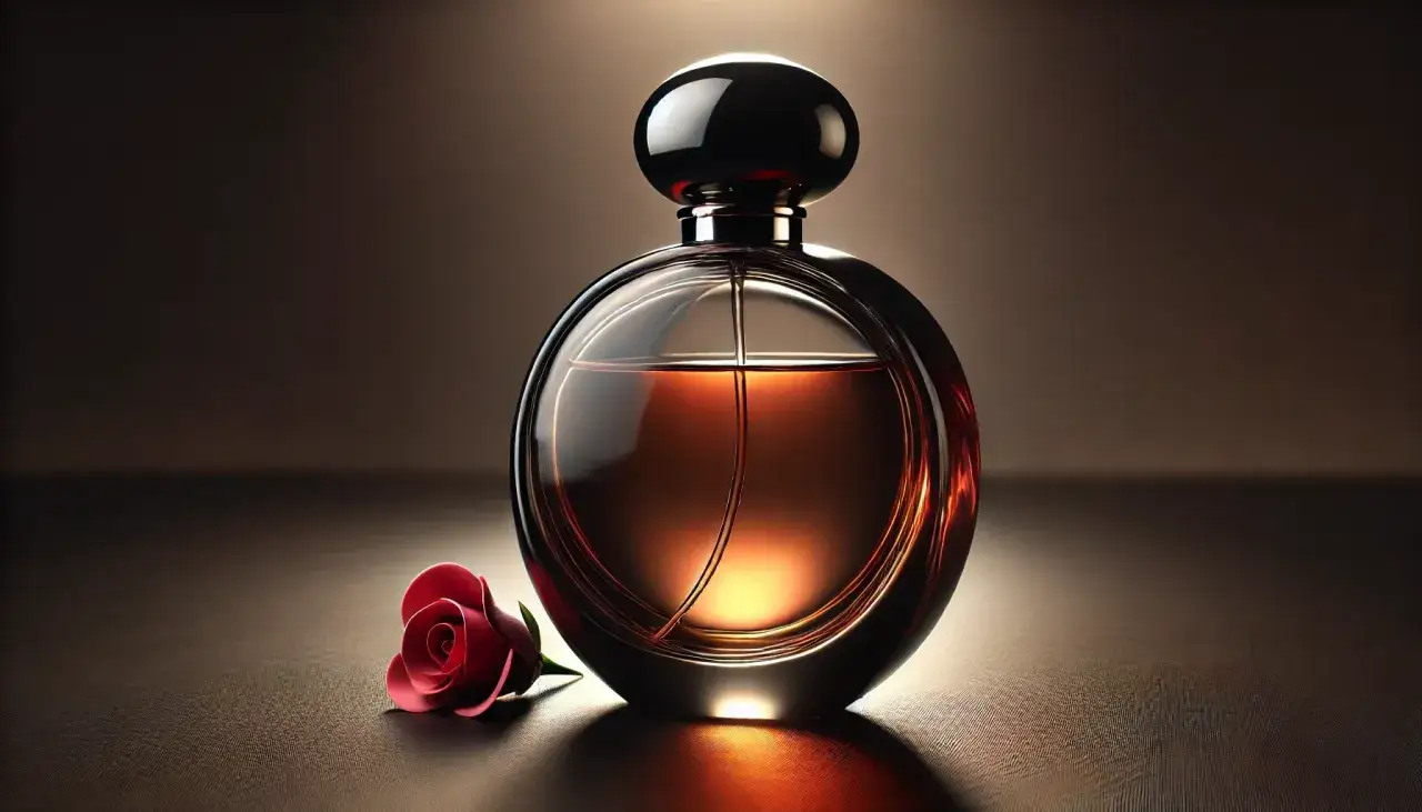 Elegancka butelka uwodzicielskich perfum damskich z czerwoną różą.