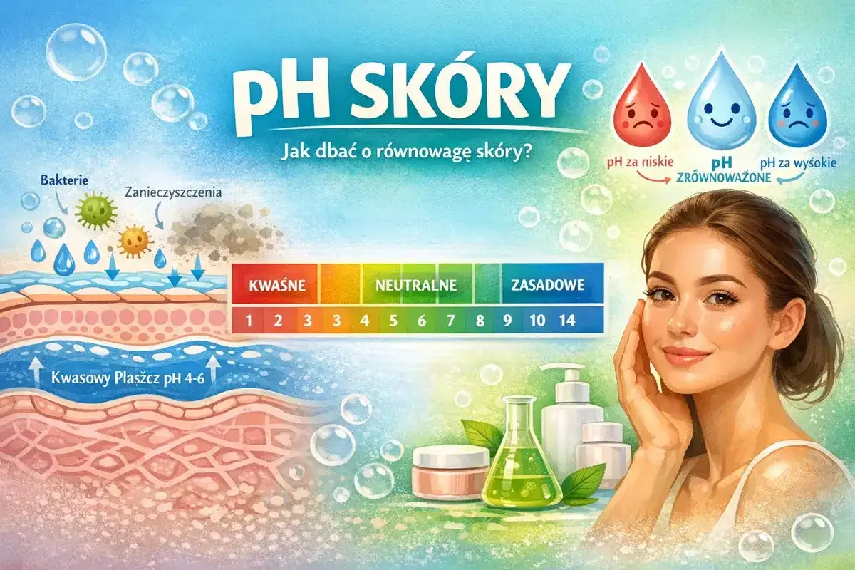 Ilustracja pokazuje warstwy skóry, skalę pH i jak dbać o równowagę skóry. Zdrowa skóra ma kwaśny płaszcz.