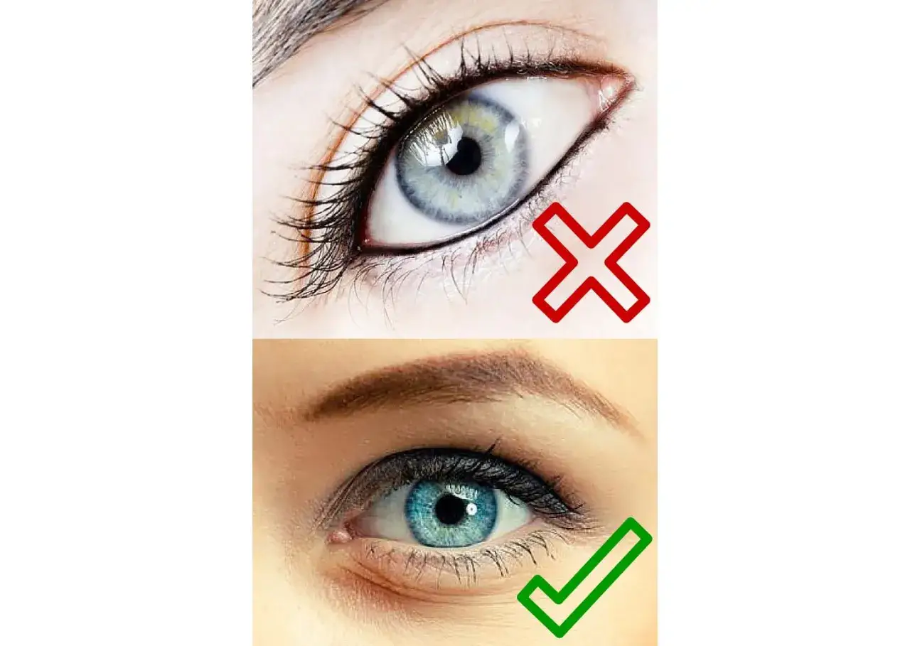 Górne oko z nieudanym makijażem, dolne z perfekcyjnie podkreśloną linią wodną oka.