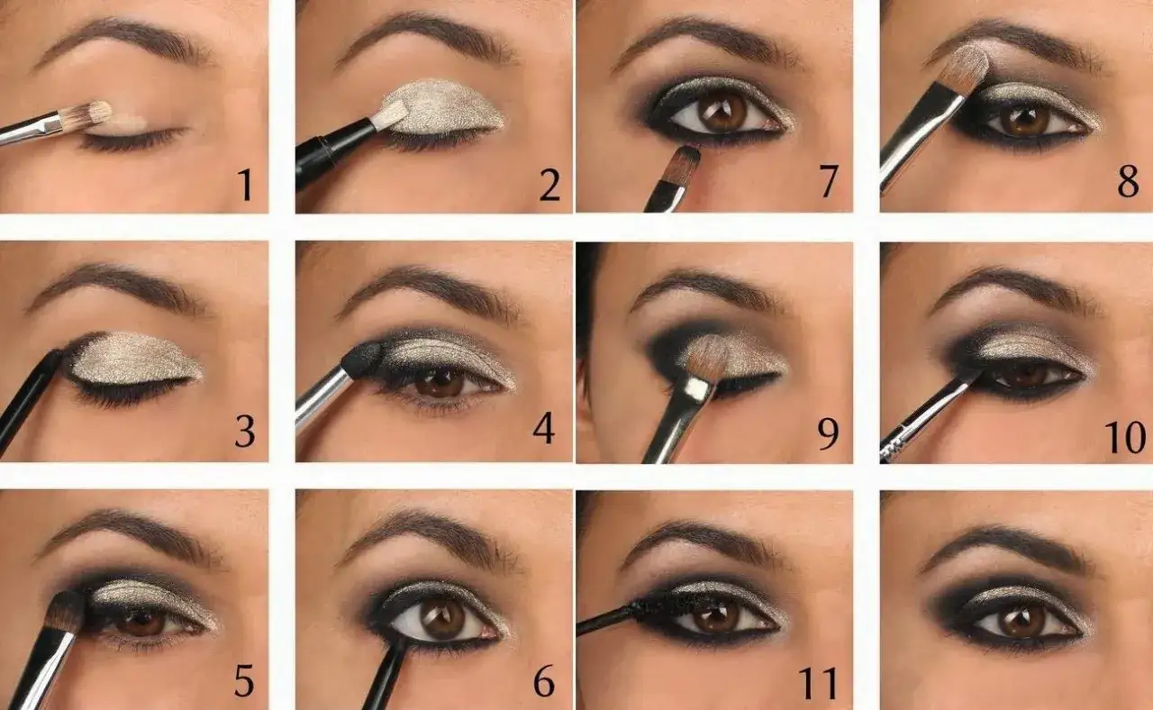 Krok po kroku tworzenie efektu smokey eyes. Złote i czarne cienie do powiek, kredka i tusz do rzęs.