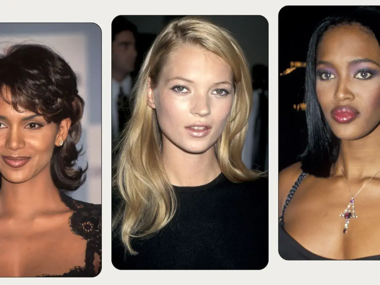 Ikony lat 90. z charakterystycznym makijażem: Halle Berry, Kate Moss i Naomi Campbell.