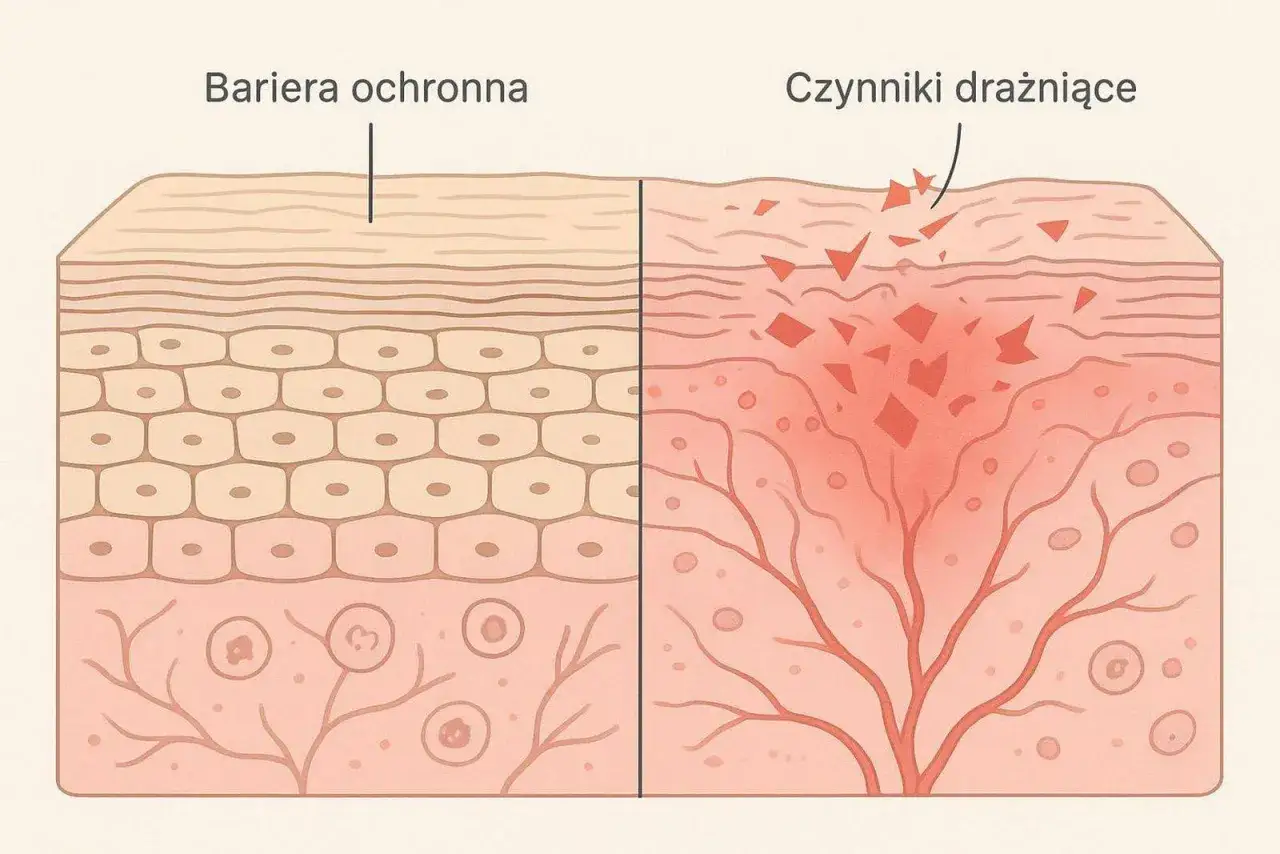 Zdrowa bariera skórna po lewej, po prawej podrażniona przez czynniki drażniące. Hipoalergiczna pielęgnacja chroni skórę.